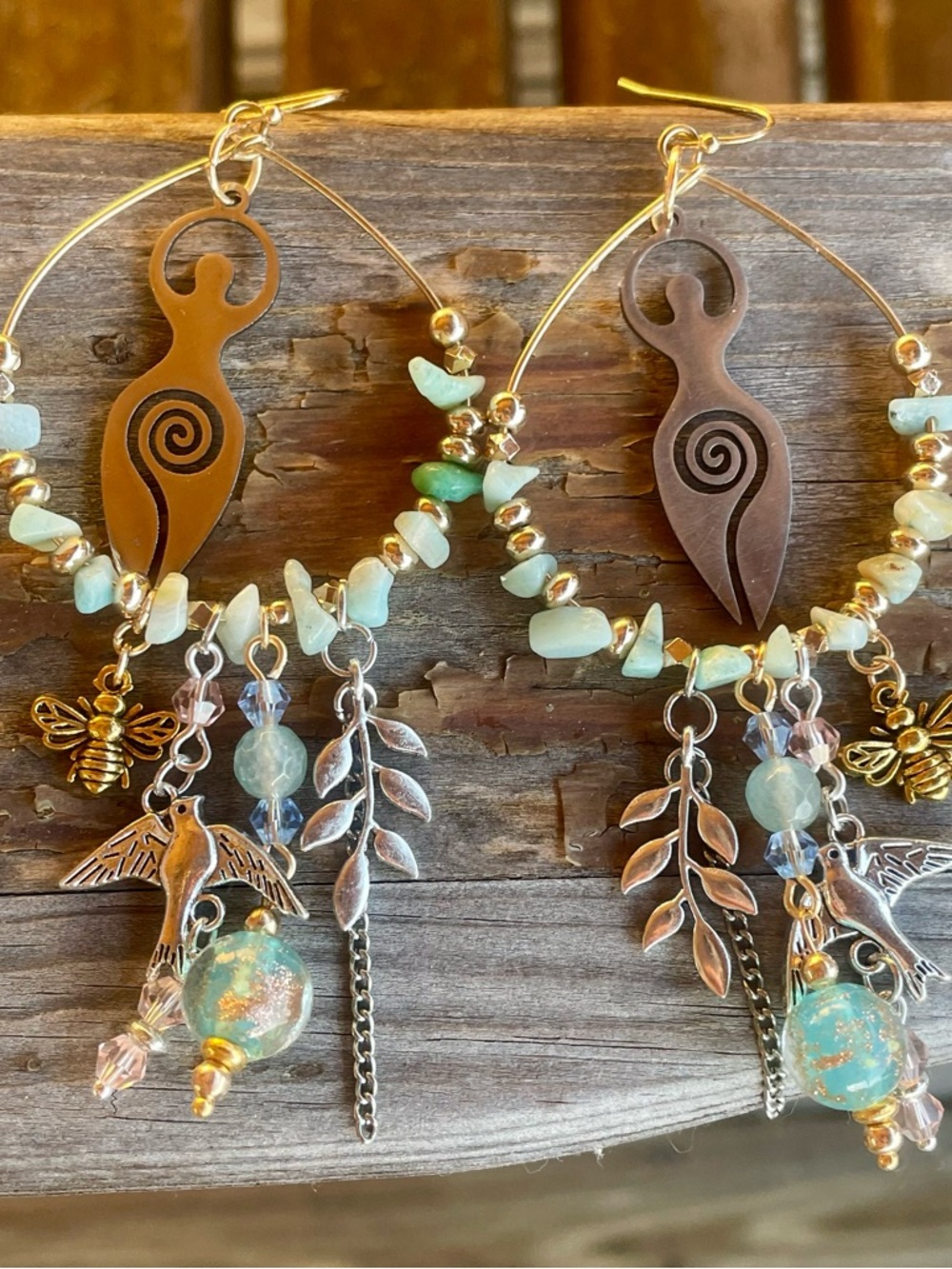 Artisan Goddess Hoop Earrings with Aqua Beads